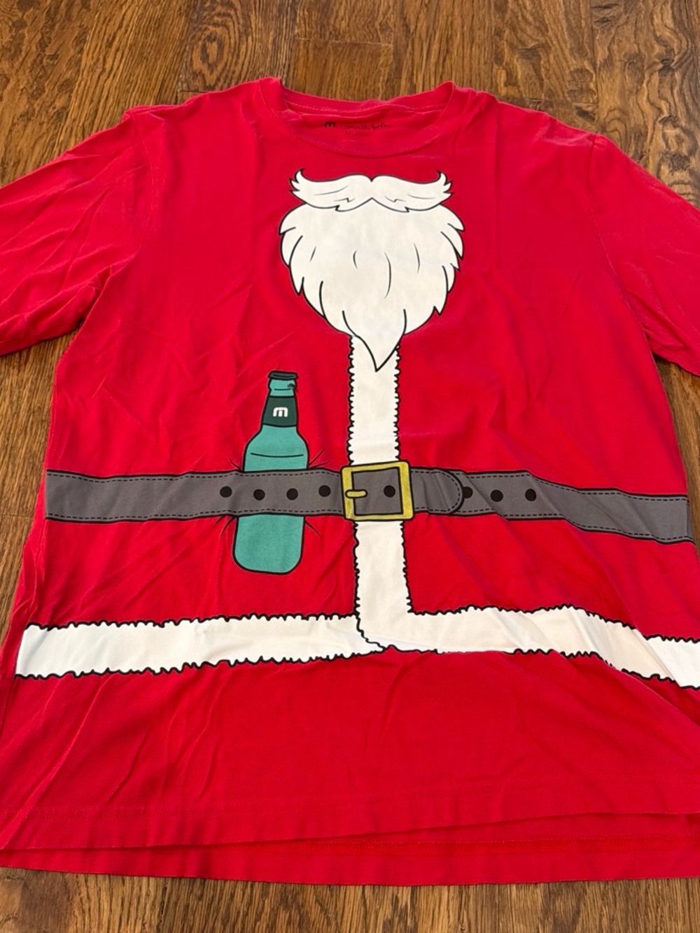 Travis Mathew Mens Red Santa Belt Graphic Long-Sleeve Tee with Teal Bottle